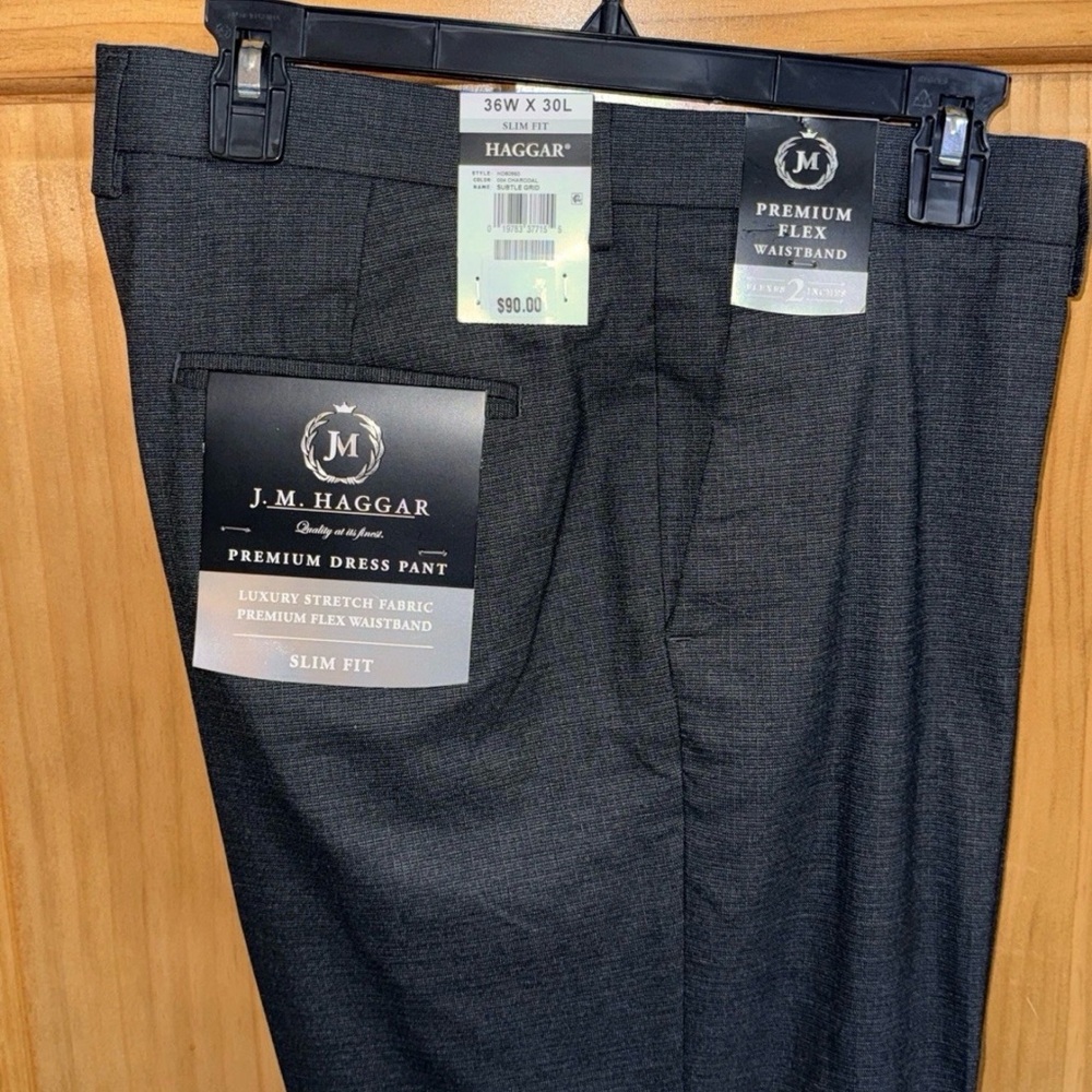 NWT Men’s J.M. Haggar 4-Way Stretch Dress Pants-Grid Charcoal Htr-Slim-36”x30” - Picture 2 of 8